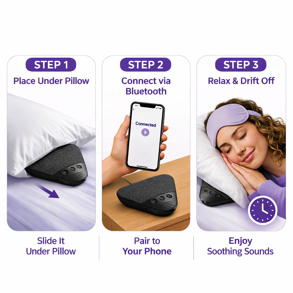 Three illustrated steps showing device placement, Bluetooth connection, and resting on pillow.