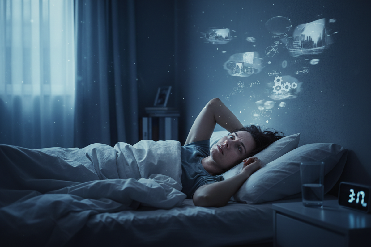 Person lying awake with an overactive mind