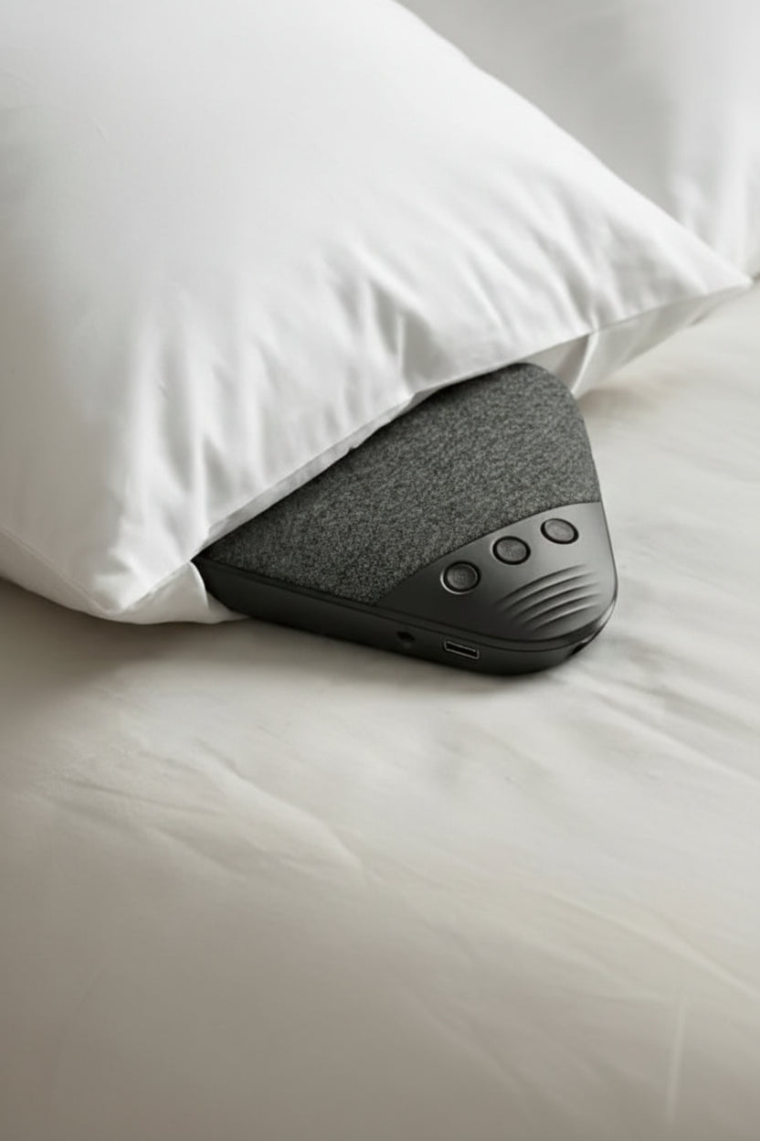 Triangular grey speaker partially tucked under pillow on a bed surface.